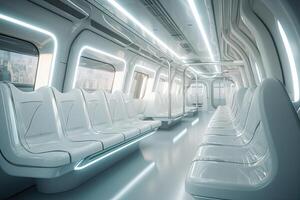 futuriste train intérieur à l'intérieur voir. futuriste train intérieur avec vide des places. génératif ai. photo