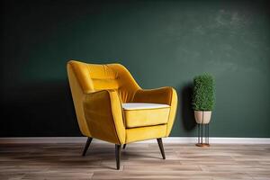 génératif ai illustration de une Jaune fauteuil contre une vert mur photo