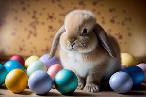 génératif ai illustration de une mignonne Pâques lapin avec pastel coloré Pâques des œufs photo