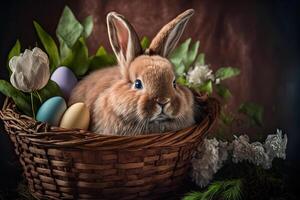 génératif ai illustration de un Pâques lapin dans une panier à côté de des œufs photo