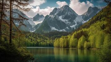 magnifique vert forêt avec une Lac et neige plafonné montagnes dans le Contexte. génératif ai. photo