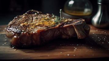 aile bleue culinaire la photographie 35mm fermer t-bone steak moyen généré avec ai photo
