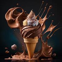 la glace crème cône. Chocolat la glace crème avec caramel. génératif ai. photo