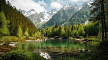 magnifique vert forêt avec une Lac et neige plafonné montagnes dans le Contexte. génératif ai. photo