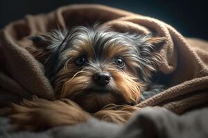 une Jeune Yorkshire terrier chien en dessous de une couverture. le animal de compagnie est se prélasser en dessous de le plaid. le concept de soins pour animaux domestiques. génératif ai. photo