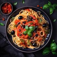 spaghetti. italien Pâtes plat avec tomates, noir Olives, câpres, anchois et basilic sur foncé tableau. Haut voir. génératif ai. photo