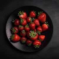 des fraises dans une assiette sur une foncé Contexte. Haut voir. génératif ai. photo