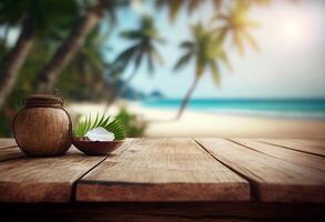 en bois table avec noix de coco sur tropical plage Contexte. été vacances concept génératif ai photo