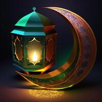 islamique Ramadan vacances bannière avec embrasé lanterne lune et mosquée fenêtre portail génératif ai photo