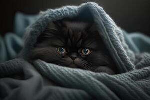 chaton en dessous de une couverture. le chat est repos chaud en dessous de le plaid. génératif ai. photo