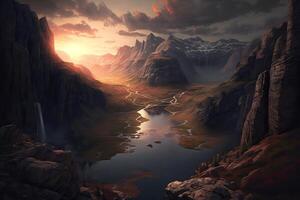 fantaisie art de Montagne vallée avec lac, parfait printemps le coucher du soleil paysage. épique montagne, étourdissant le coucher du soleil et lumières. génératif ai photo