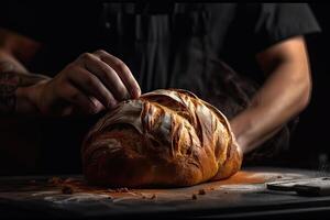 boulanger dans le cuisine avec grillé pain sur foncé Contexte. génératif ai. photo