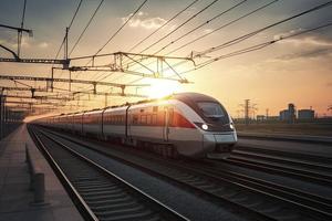 haute la vitesse train dans mouvement sur le chemin de fer station à le coucher du soleil photo