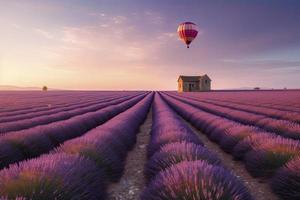 interminable lavande champ avec peu cabanon et en volant chaud air ballon à une lever du soleil temps dans valensol, Provence, France photo