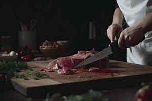 cuisinier coupes Viande avec une couteau dans le cuisine prépare aliments. des légumes et épices sur le cuisine table dans une restaurant à préparer une délicieux le déjeuner photo