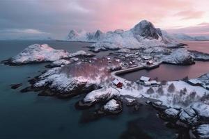 aérien vue de lofoten îles dans hiver à le coucher du soleil dans Norvège. paysage avec bleu mer photo