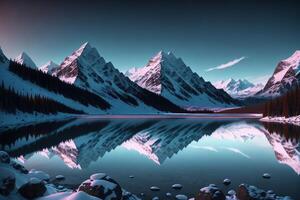 une Montagne Lac avec neige sur le montagnes petit foncé paradis ai généré photo