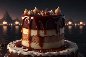une gâteau avec caramel sauce et des noisettes sur itai généré photo