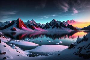 une Montagne Lac avec neige sur le montagnes petit foncé paradis ai généré photo