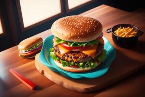 Frais savoureux fait maison Burger sur en bois table ai généré photo