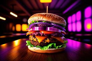 Frais savoureux fait maison Burger sur en bois table ai généré photo