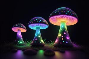 embrasé la magie champignon sur noir Contexte ai généré photo