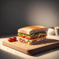 des sandwichs sur une Coupe planche avec jambon fromage et tomate ai généré photo