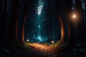 une chemin dans le les bois avec le lune dans le Contexte ai généré photo