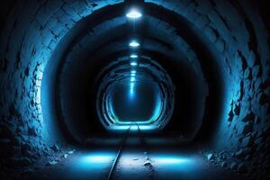 une foncé tunnel avec une bleu lumière et une bleu lumière ai généré photo