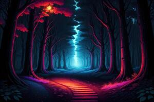 une chemin de premier plan dans une forêt à nuit fantaisie mystique ai généré photo