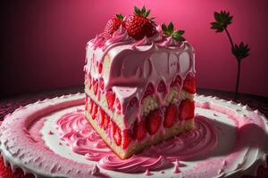 une fraise gâteau avec une fraise Garniture est sur une rose Contexte ai généré photo