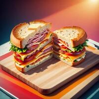 des sandwichs sur une Coupe planche avec jambon fromage et tomate ai généré photo