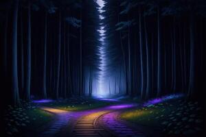 une chemin de premier plan dans une forêt à nuit fantaisie mystique ai généré photo