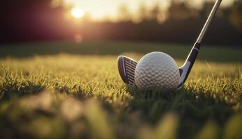 flou le golf club et le golf Balle proche en haut dans herbe champ avec coucher de soleil, génératif ai photo