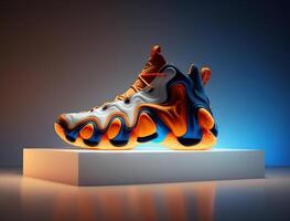 basketball futuriste concept, Orange et bleu, liquide former, commercial photo, génératif ai photo