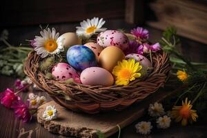une panier plein de décoré Pâques des œufs et coloré fleurs. content Pâques dimanche concept avec peint des œufs et fleurs sauvages. une panier plein de Pâques des œufs sur une en bois table avec fleurs. génératif ai. photo