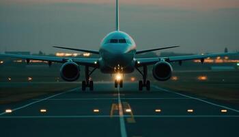 fermer coup de le avion atterrissage sur le piste. génératif ai photo