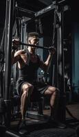 une photo de le athlète travail en dehors sur une la musculation machine, génératif ai