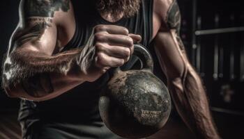 fermer photo de le athlète Faire kettlebell oscillations avec une kettlebell dans main. génératif ai