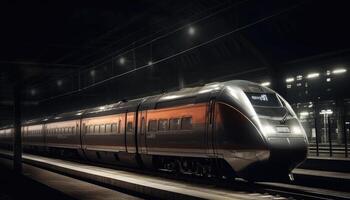 photo de moderne haute la vitesse train qui passe par le ville à nuit. génératif ai