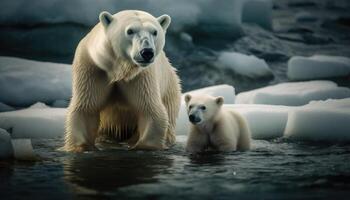 photographier de une polaire ours et ses lionceau, lequel a été la gauche dans le milieu de le glaciers comme le la glace fondu. génératif ai photo