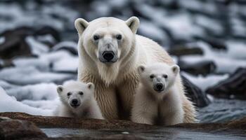 photographier de une polaire ours et ses lionceau, lequel a été la gauche dans le milieu de le glaciers comme le la glace fondu. génératif ai photo