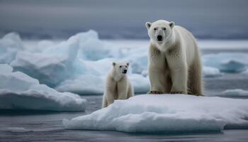 photographier de une polaire ours et ses lionceau, lequel a été la gauche dans le milieu de le glaciers comme le la glace fondu. génératif ai photo