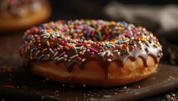 une fermer photo de le arrose sur Haut de le Donut. génératif ai