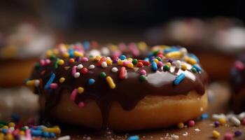 une fermer photo de le arrose sur Haut de le Donut. génératif ai