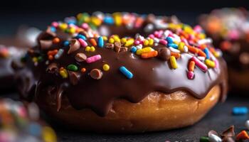 une fermer photo de le arrose sur Haut de le Donut. génératif ai