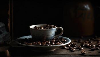 tasse de café et café des haricots sur vieux en bois table et noir grunge Contexte. génératif ai photo