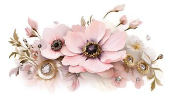 génératif ai, magnifique lumière rose fleurs broche, opale pierre et d'or Couleur palette isolé sur blanc Contexte. bijouterie, bijoux proche en haut photo