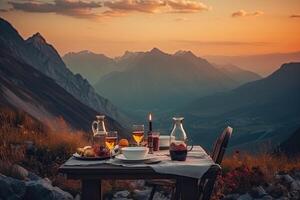 romantique dîner avec vue de Montagne à le coucher du soleil. génératif ai photo