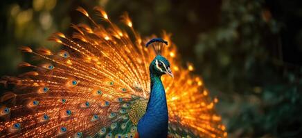 élégant coloré portrait de une paon à le coucher du soleil. ai généré photo